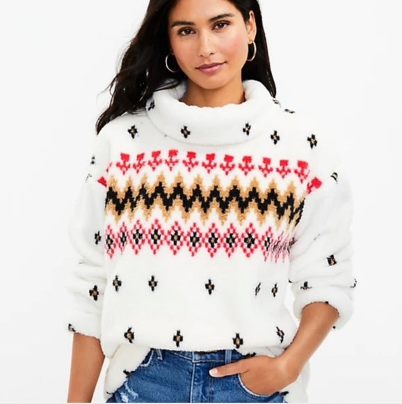 LOFT Fair Isle Mock Neck‎ Sherpa Top, Size Large - Picture 7 of 16